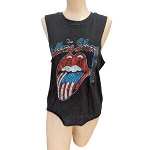 The Rolling Stones Women's Cropped Tank Top  American Flag Logo Graphic Black 2X